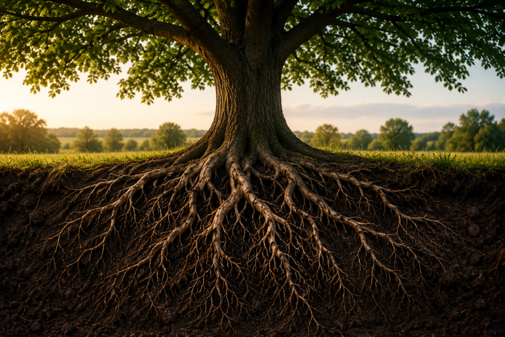 Mature tree with visible roots representing the hidden inner life beneath visible leadership