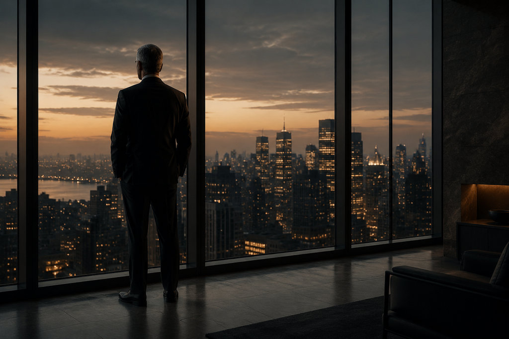 Senior executive overlooking a city, reflecting on the danger of pride in leadership.