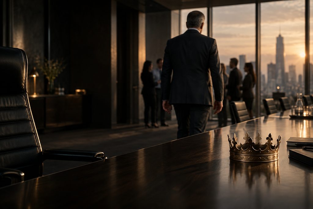 A senior executive leaving a crown and the head of the table behind as he walks towards his team.
